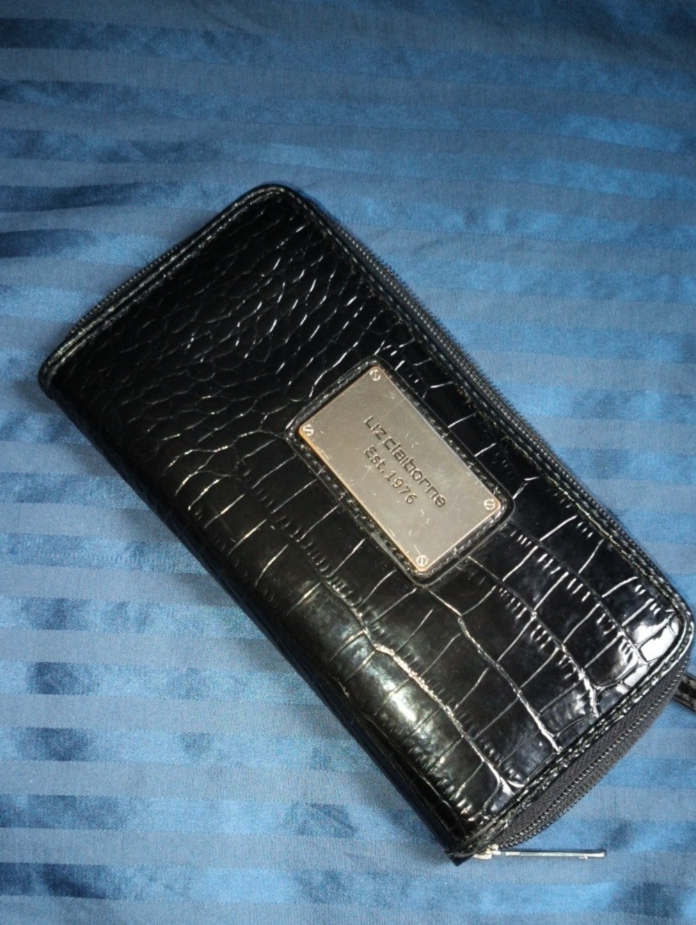 Liz Claiborne Black Croc-Embossed Zip-Around Wallet with Silver Plaque